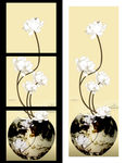 手绘菏花 竖版三连壁画 白菏花