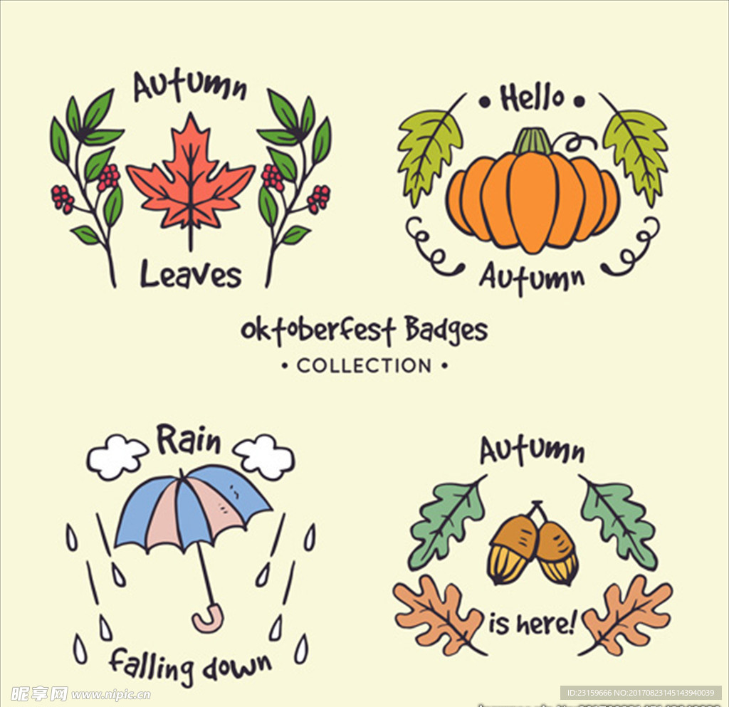 四款手绘风格可爱的秋季标签