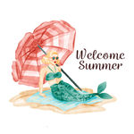 夏日太阳伞下的美人鱼水彩插图