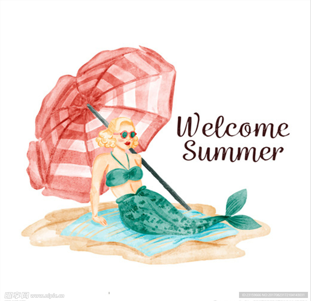 夏日太阳伞下的美人鱼水彩插图