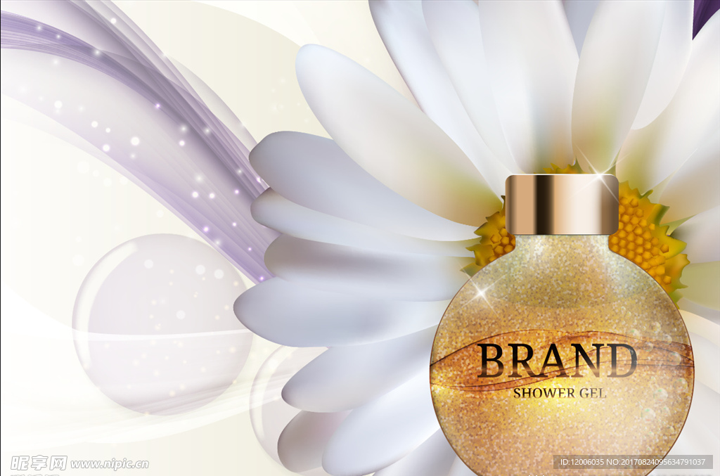 菊花背景上的玻璃瓶金色香水广告