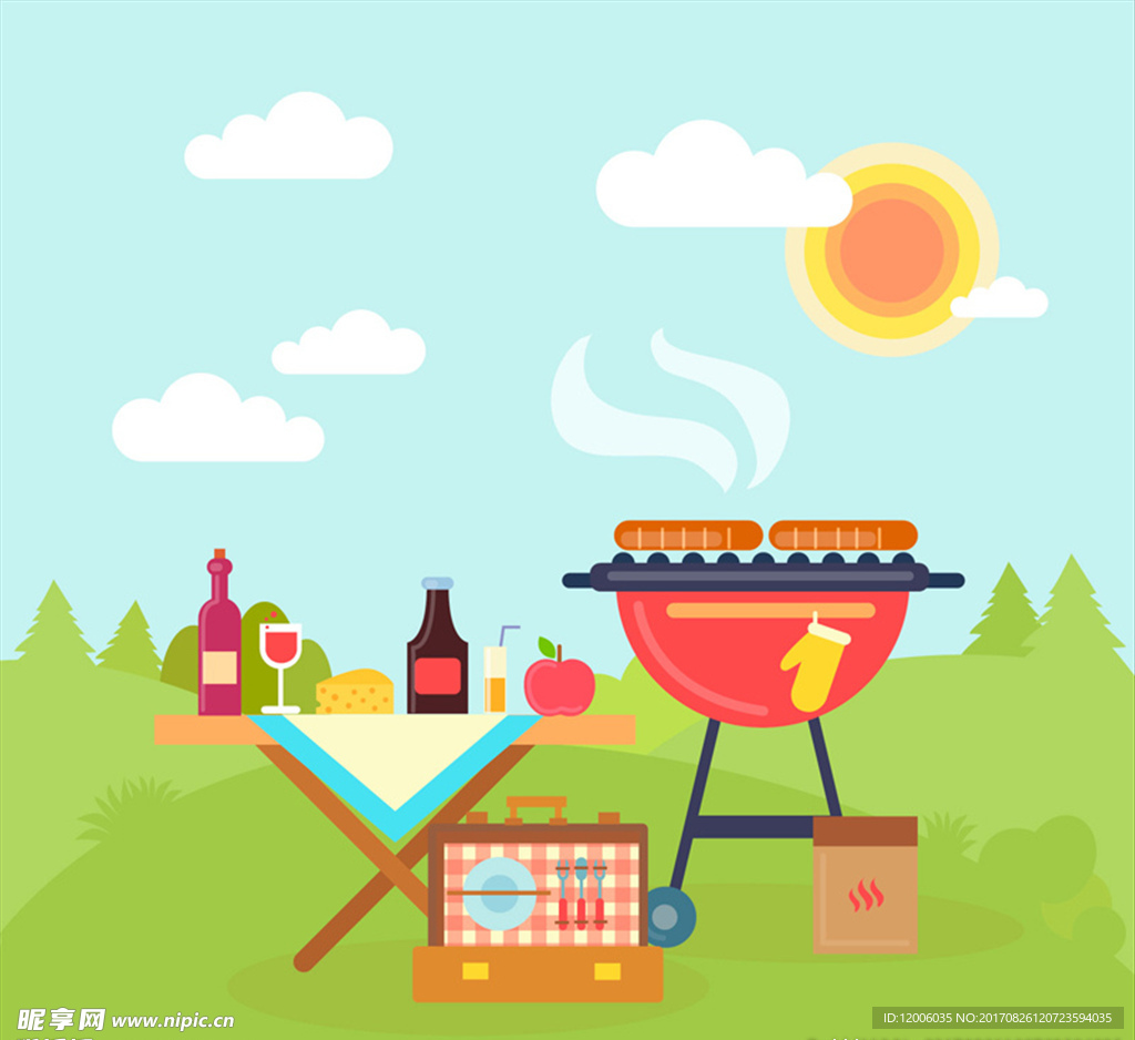 夏季郊外烧烤插画矢量素材