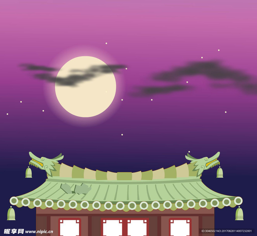 中国风游戏月色下房屋素材