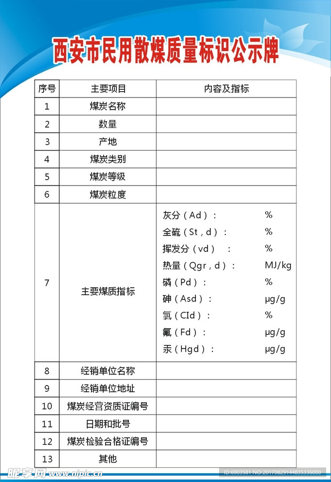 西安市民用散煤质量标识公示牌