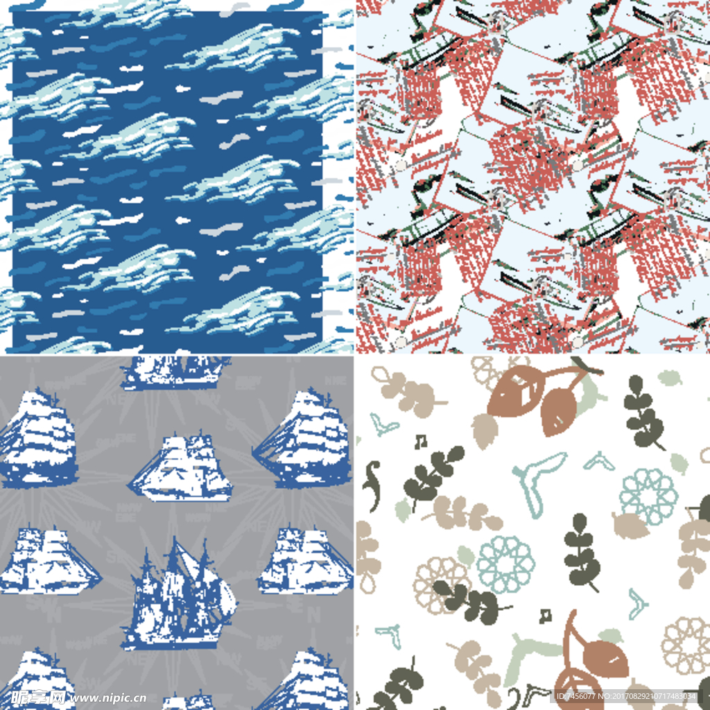 船帆船矢量植物海蓝色背景