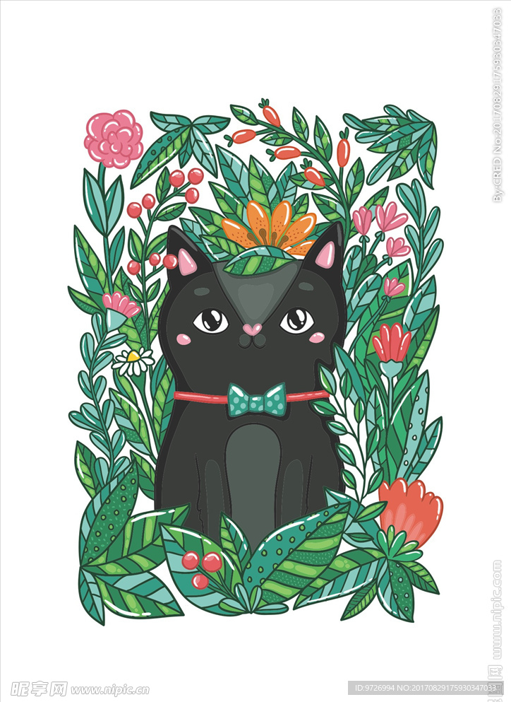 卡通猫花朵花卉矢量图下载