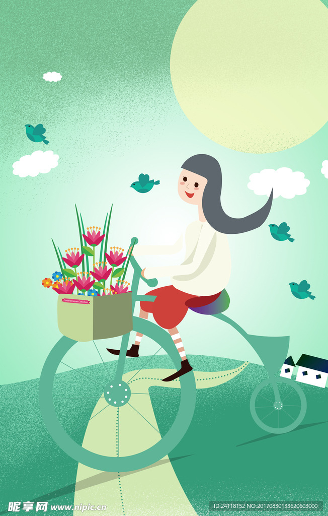 女孩矢量手绘插画海报
