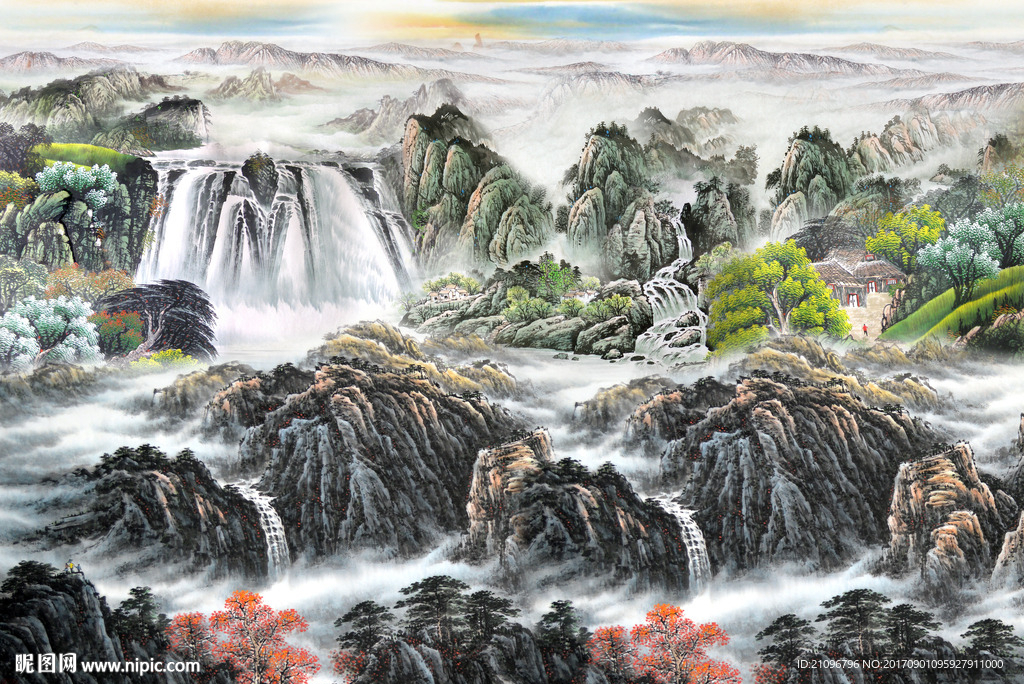 山水国画电视背景墙