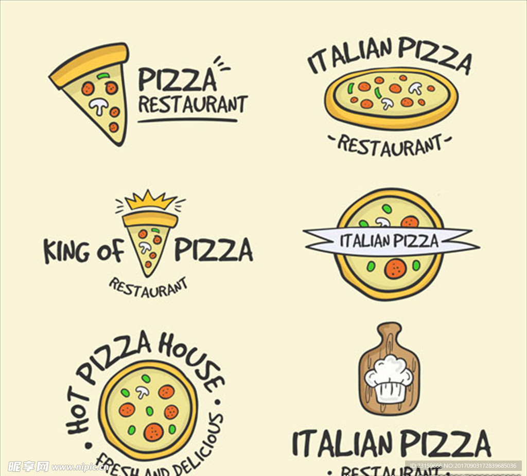 一组手工绘制的披萨标志