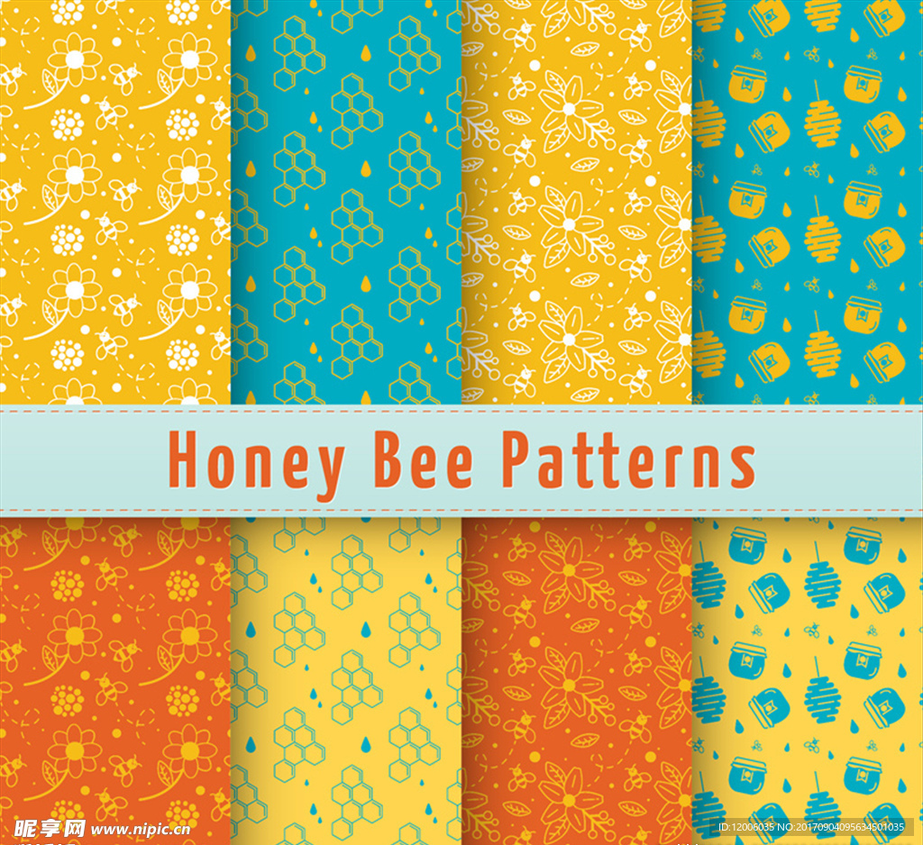 8款彩色蜜蜂元素无缝背景矢量图