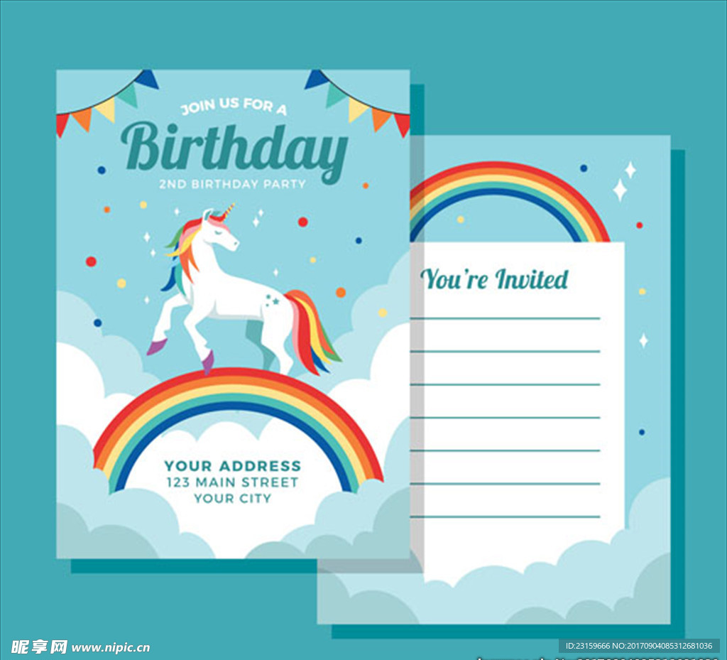 彩虹上可爱的独角兽的生日贺卡