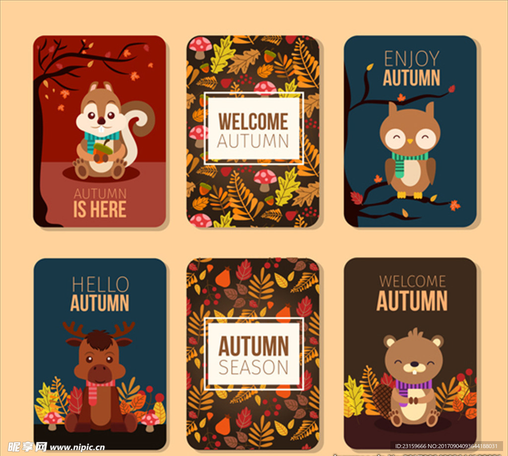 可爱的动物秋天卡片