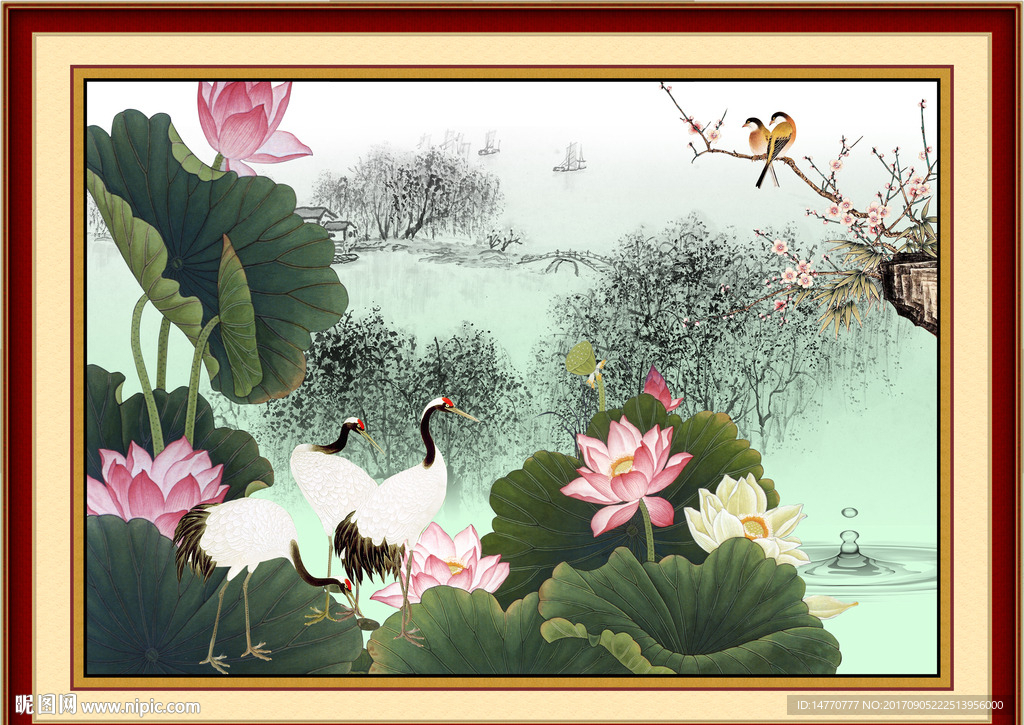 仙鹤荷花图