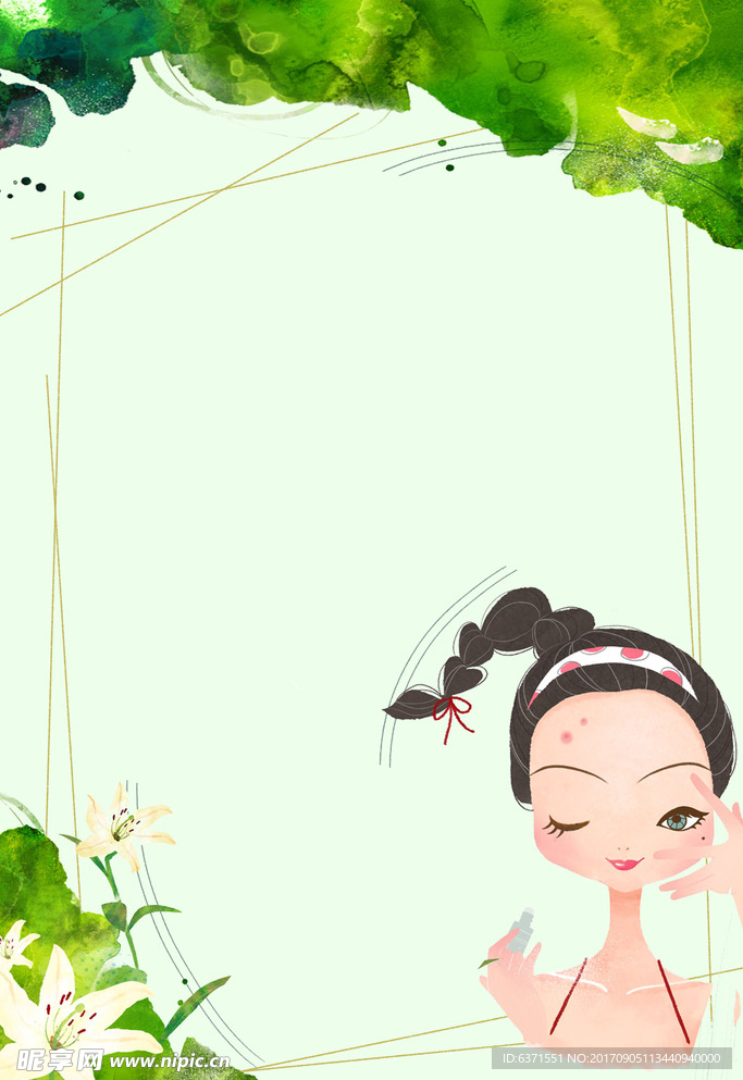 电商绿色绿叶卡通少女背景