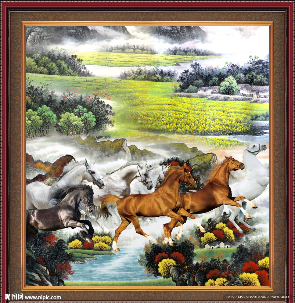 国画风景 八骏图