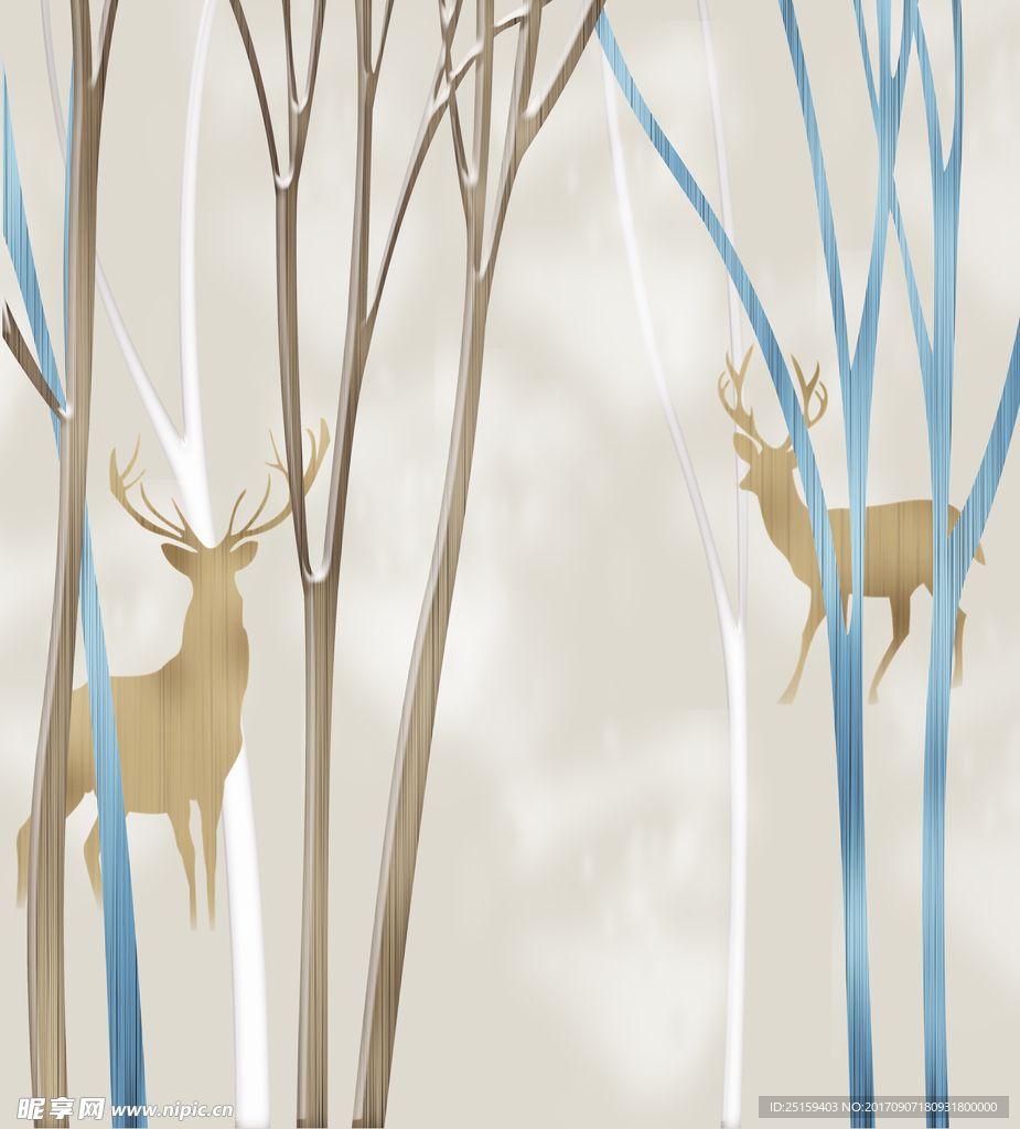北欧森林麋鹿手绘森林背景墙