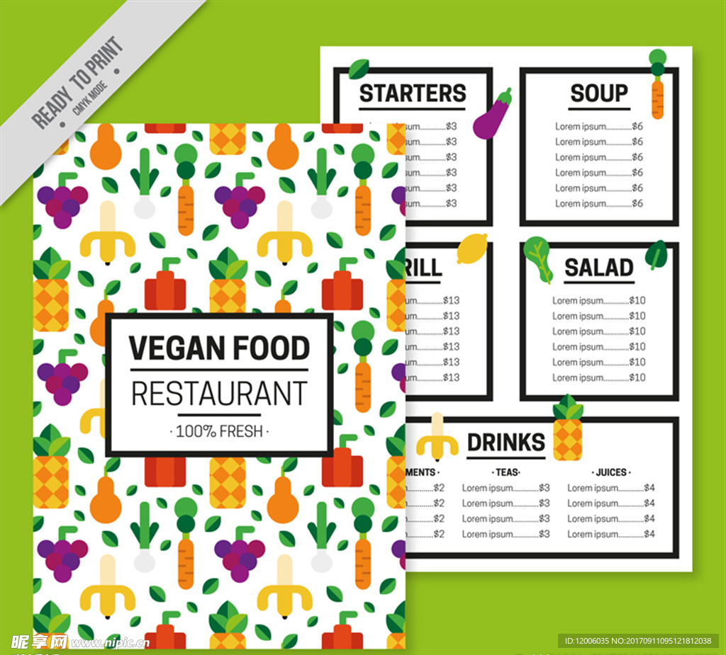 扁平化蔬菜素食菜单矢量素材