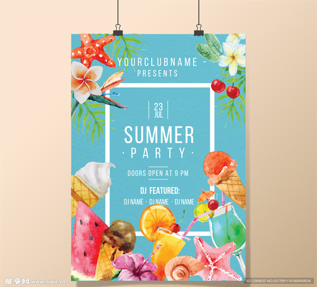 夏季花卉与食物派对海报矢量图