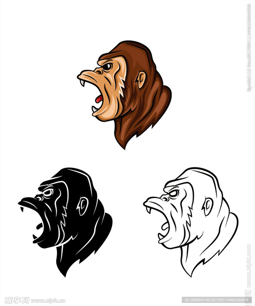 三款不同颜色怒吼的大猩猩头像绘