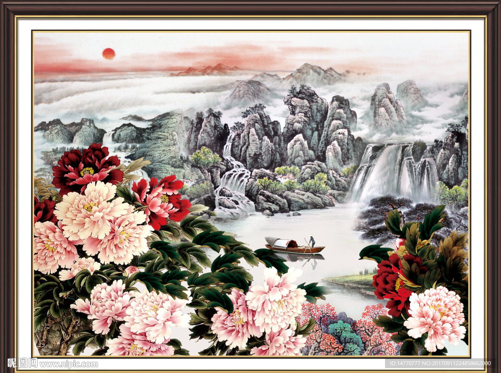 国画山水 牡丹风景