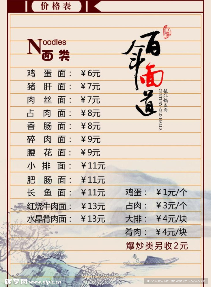 面馆价格表