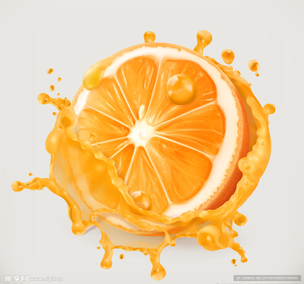切开的橙子和喷溅的果汁矢量素材
