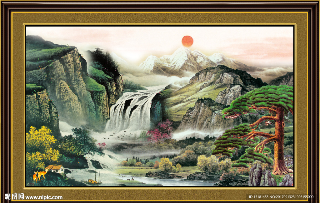 山水国画迎客松