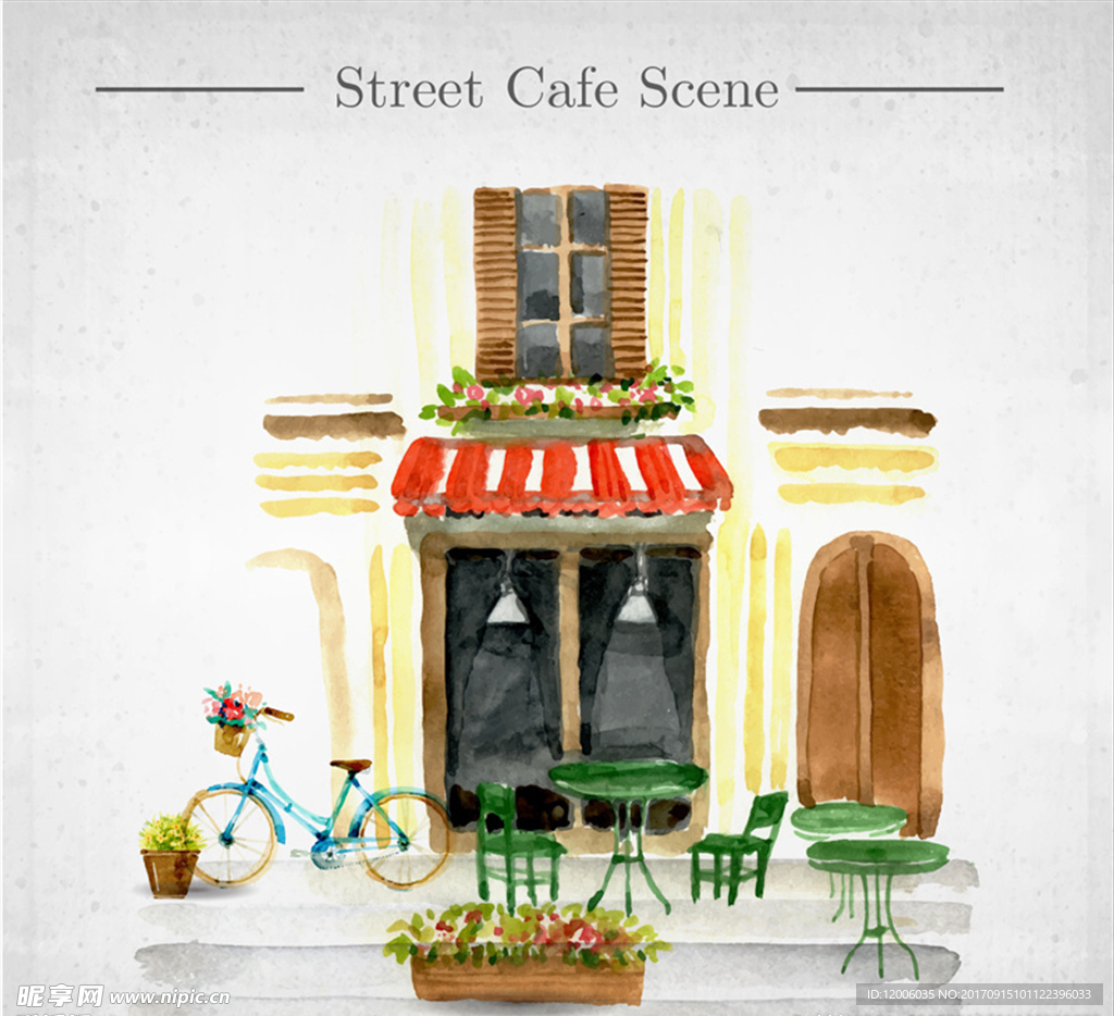 水彩绘街边咖啡店设计矢量素材