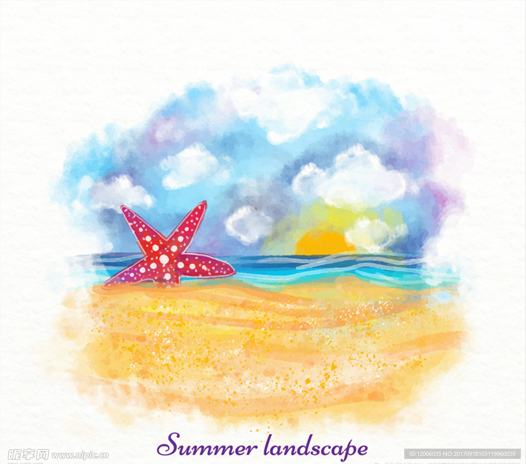 彩绘夏季沙滩风景矢量图