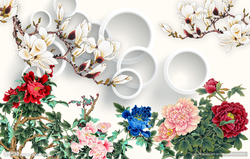 3d牡丹花鸟背景墙