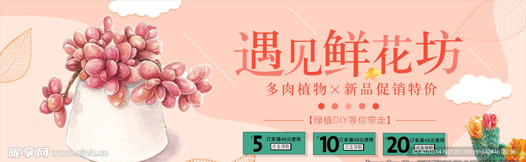 清新手绘多肉盆栽遇见鲜花坊