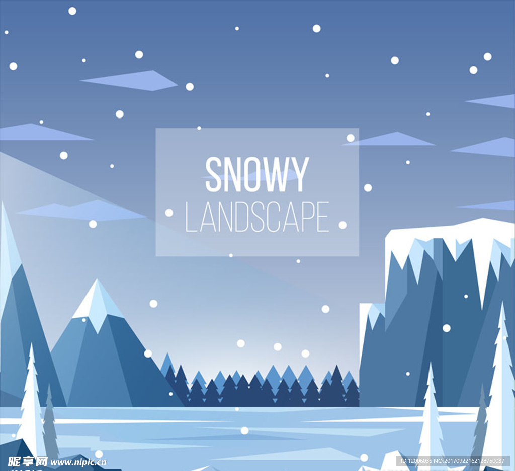 被雪覆盖的河流与山风景矢量图