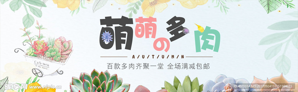 蓝色小清新多肉全屏促销海报