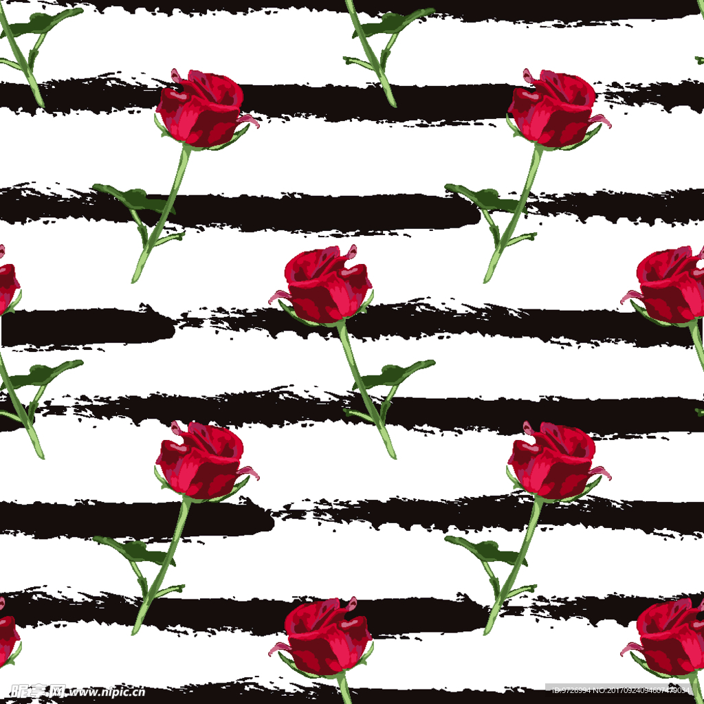 玫瑰花笔刷条纹四方连续底纹