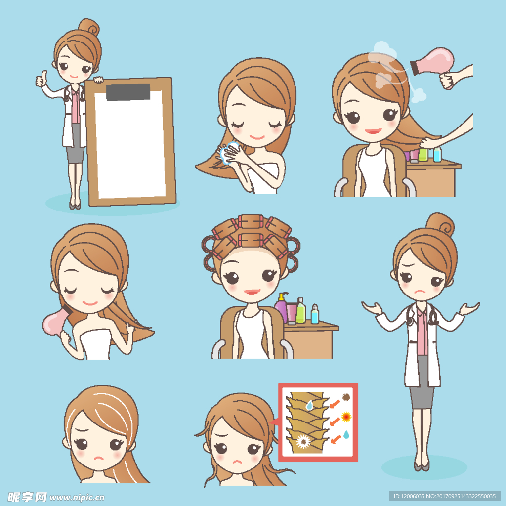 时尚卡通女孩头发护理矢量素材