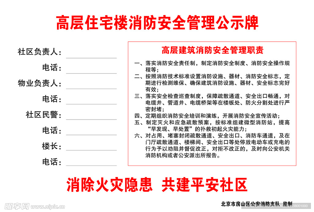 高层住宅楼消防安全管理公示牌