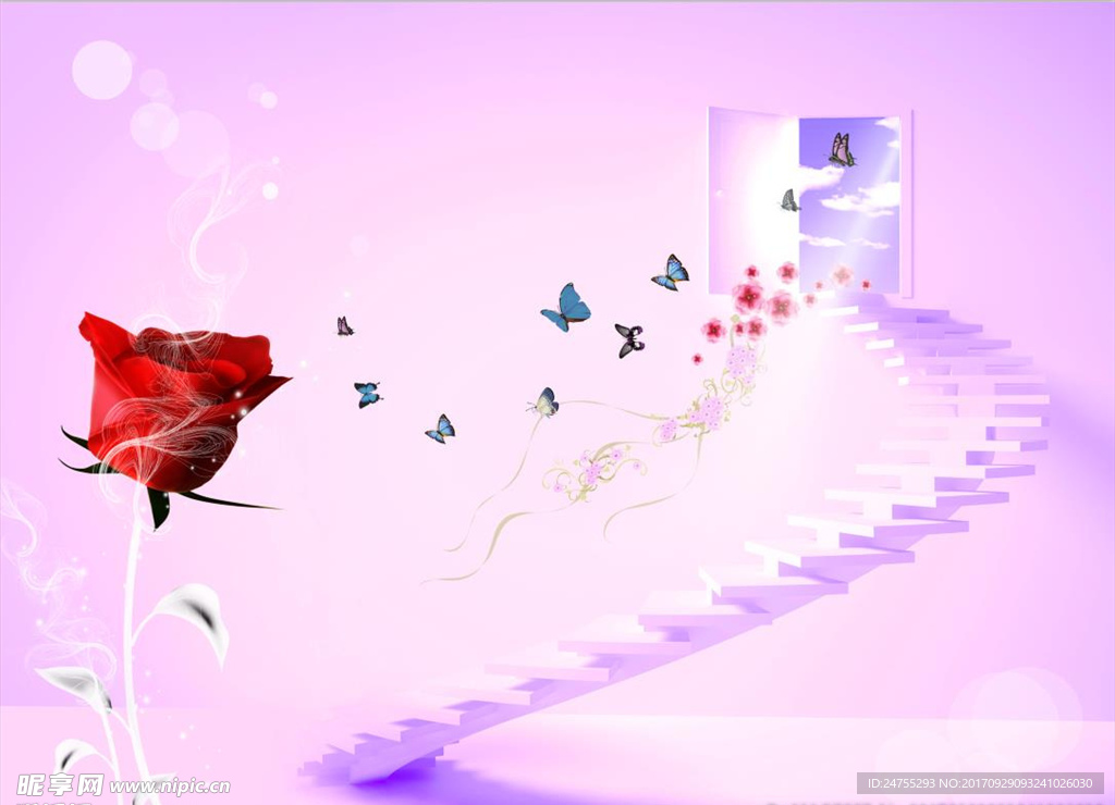 3D空间楼梯玫瑰蝴蝶