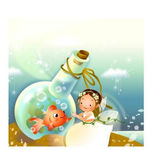 漂流瓶里的小鱼和可爱的小女孩