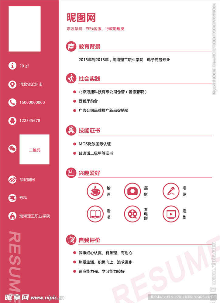 粉红色简历