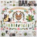 手绘森系猫咪海棠鲜花树叶水彩画
