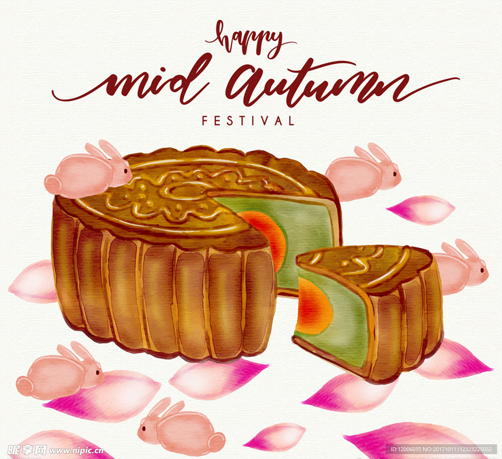 美味中秋节月饼和花瓣矢量图