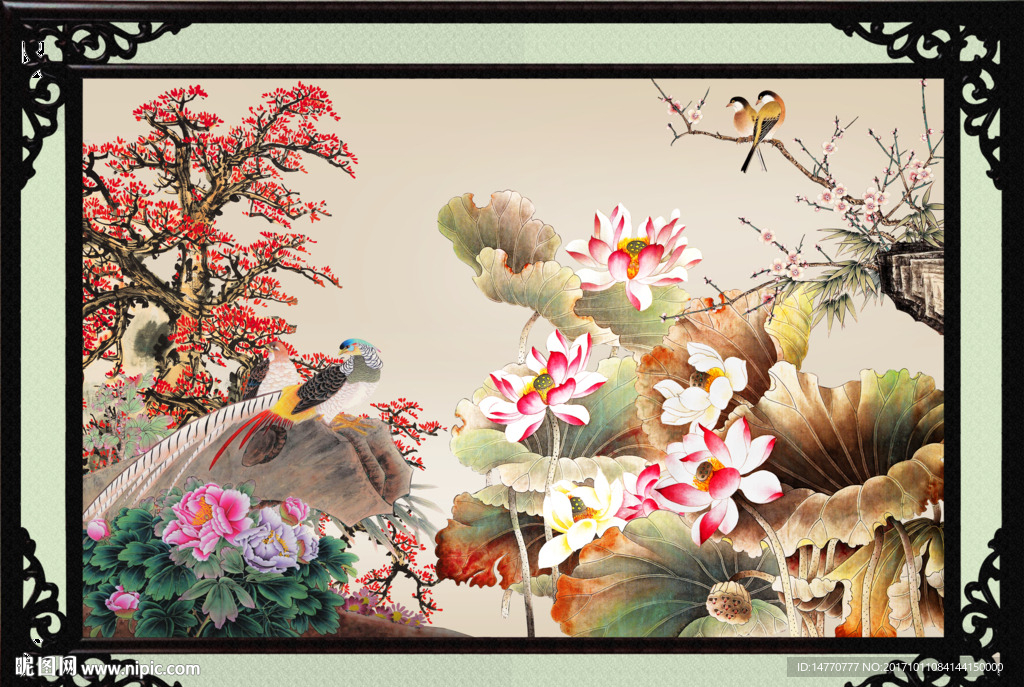 荷花花鸟