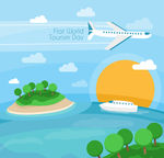 扁平化大海世界旅游日贺卡矢量图
