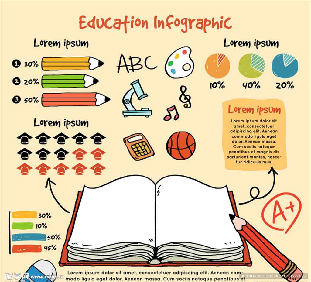 彩绘文具教育信息图矢量素材