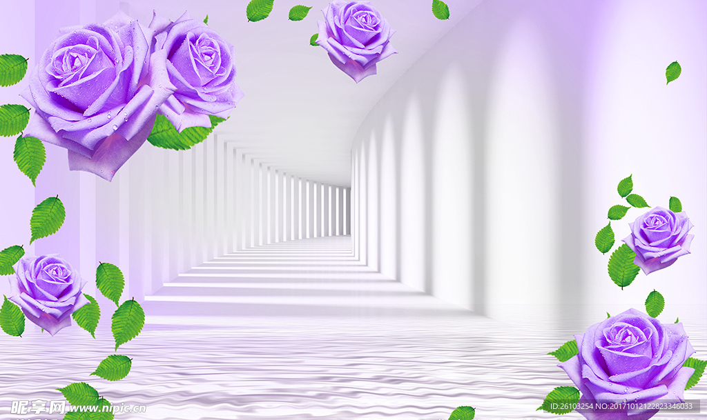 3D空间紫色玫瑰电视背景墙