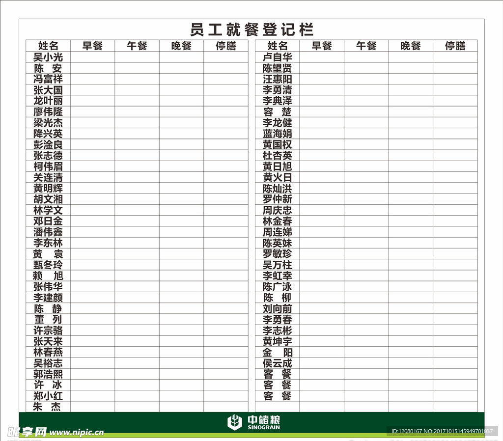 中储粮员工就餐登记栏