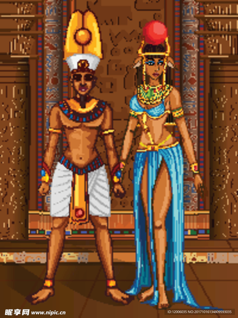 站在宫殿中的埃及男女人物