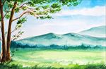 高山原野草原大树水彩画
