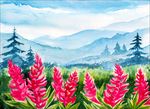 高山蓝天白云一串红山谷水彩画