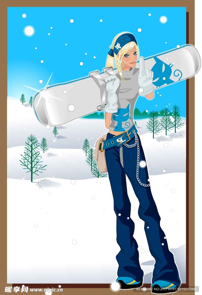 滑雪场拿滑板的美女